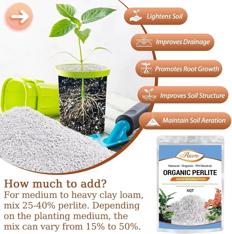 Riare 4 Quarts Organic Perlite for Plants - Horticultural Perlite Soil Amendment for Plants Potting Mix, Natural Chunky Perlite Soil Additive Conditioner Improve Root Growth, Drainage and Ventilation - Image 3